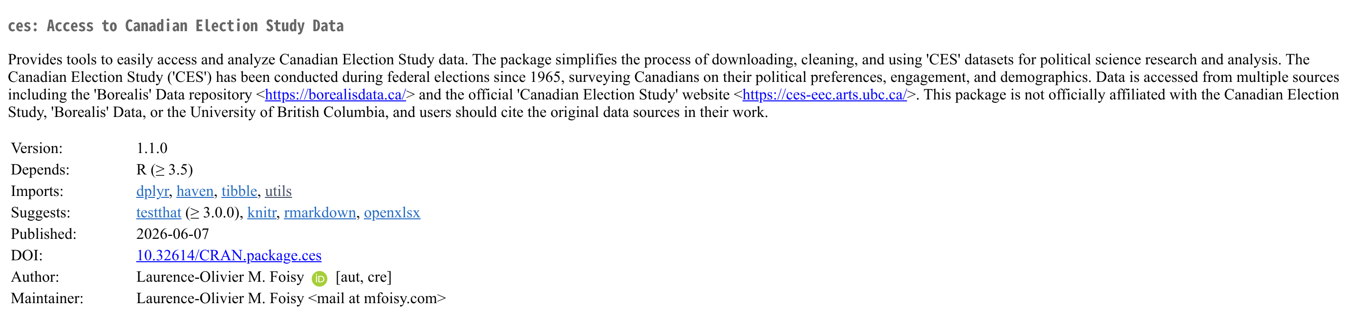 Le haut de la page du package ces sur le CRAN : Access to Canadian Election Study Data, version 1.1.0, auteur et mainteneur Laurence-Olivier M. Foisy.