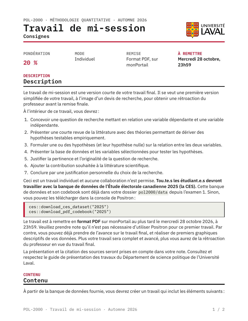 Première page des consignes du travail de mi-session : pondération 20 %, individuel, format PDF sur monPortail, à remettre le mercredi 28 octobre à 23h59, puis la description et les sept éléments du travail.